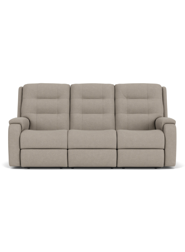 Flexsteel Arlo Power Reclining Sofa in durable fabric, featuring pull-tufted back cushions, rounded pad-over track arms, and integrated USB charging ports.