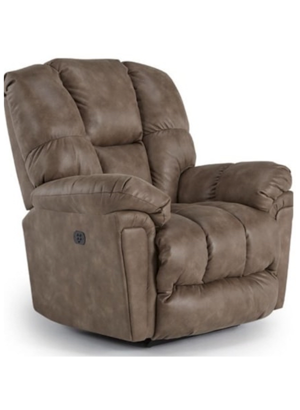 Best Home Furnishings Lucas Rocker Recliner in neutral fabric, featuring overstuffed cushions, pillow arms, and a full-coverage chaise legrest.