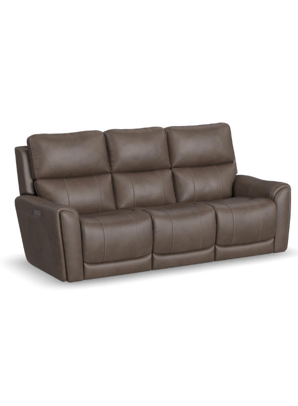 Flexsteel Carter Power Reclining Sofa in cappuccino fabric, featuring flared arms, contoured seats, and heavy thread stitching, with a flip-down center console and pop-out cupholders.