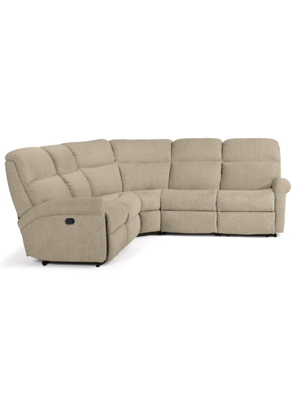 Flexsteel Davis Fabric Power Reclining Sectional in a neutral fabric, featuring rolled arms, contoured seating, and a straight console with cup holders.