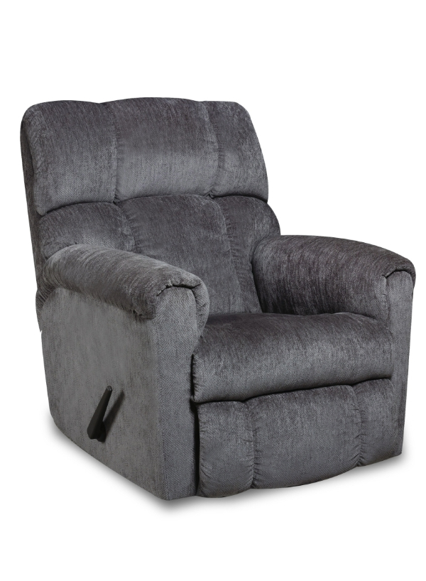 HomeStretch 134-91-14 Norton Rocker Recliner in gray fabric, featuring plush cushioning, rolled arms, and a manual reclining mechanism.