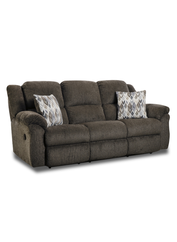 HomeStretch 173-30-20 Reclining Sofa in Clove brown fabric, featuring plush seating and pillow arms.