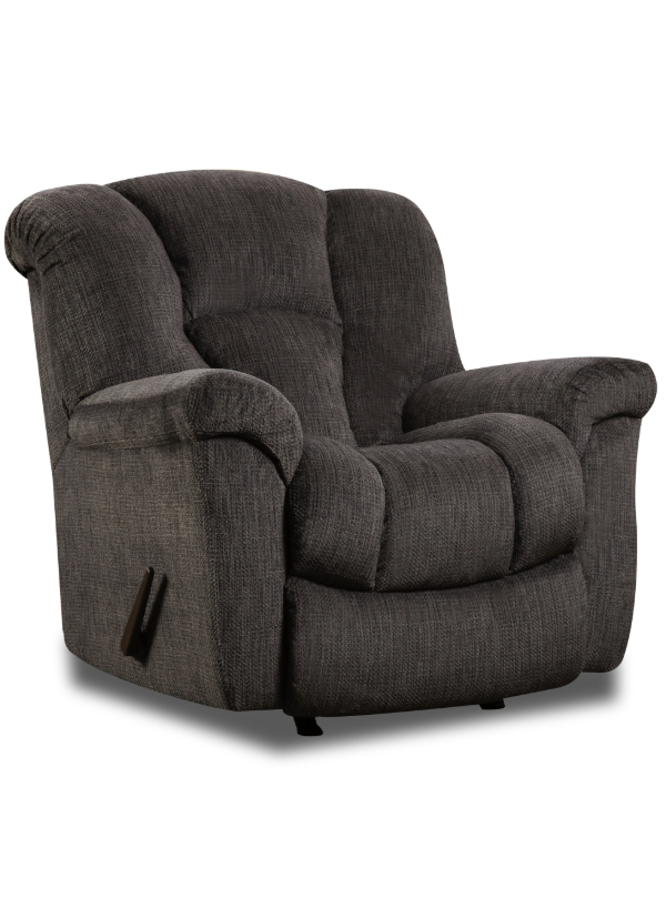 HomeStretch 184-91-14 Equalizer Rocker Recliner in charcoal gray fabric, featuring plush, pad-over chaise seating and over-stuffed arms.