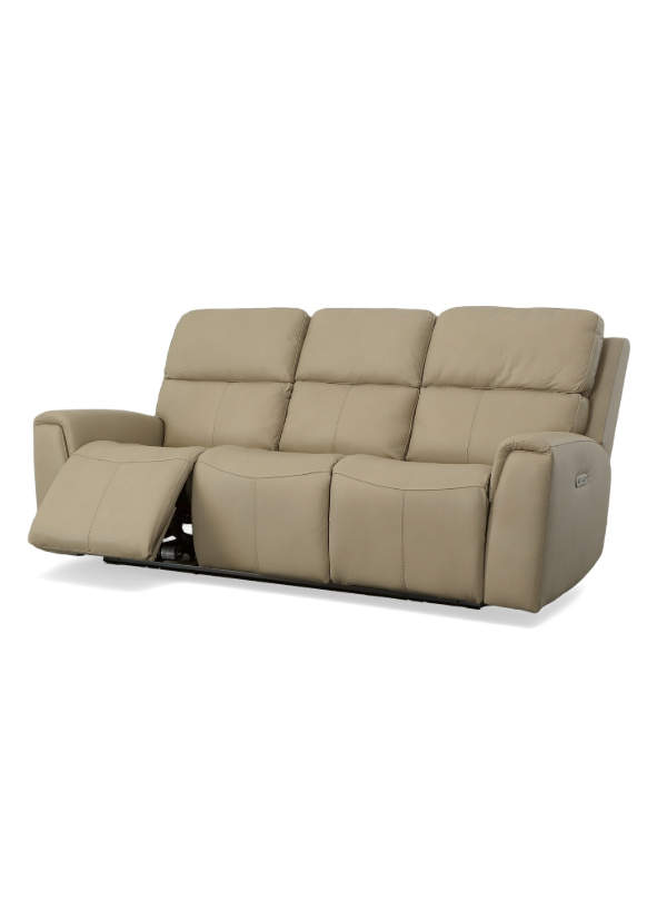 Flexsteel Jarvis Power Reclining Sofa in parchment leather, featuring sleek pad-over arms, decorative cross-stitching, and power headrests.