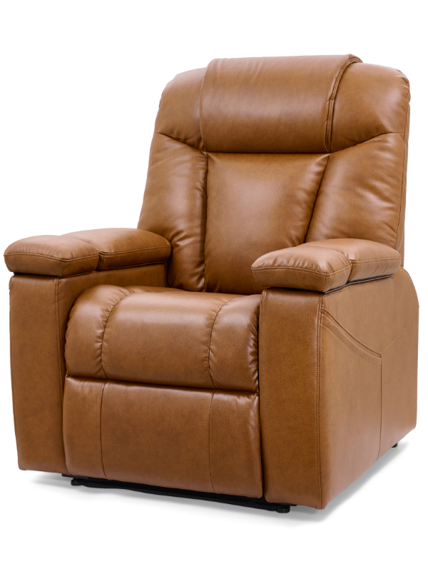 UltraComfort Rhodes Recliner (UC-472) in Lagoon fabric, featuring overstuffed seam back, plush chaise pad, and open arm design with built-in cup holders and storage compartments.