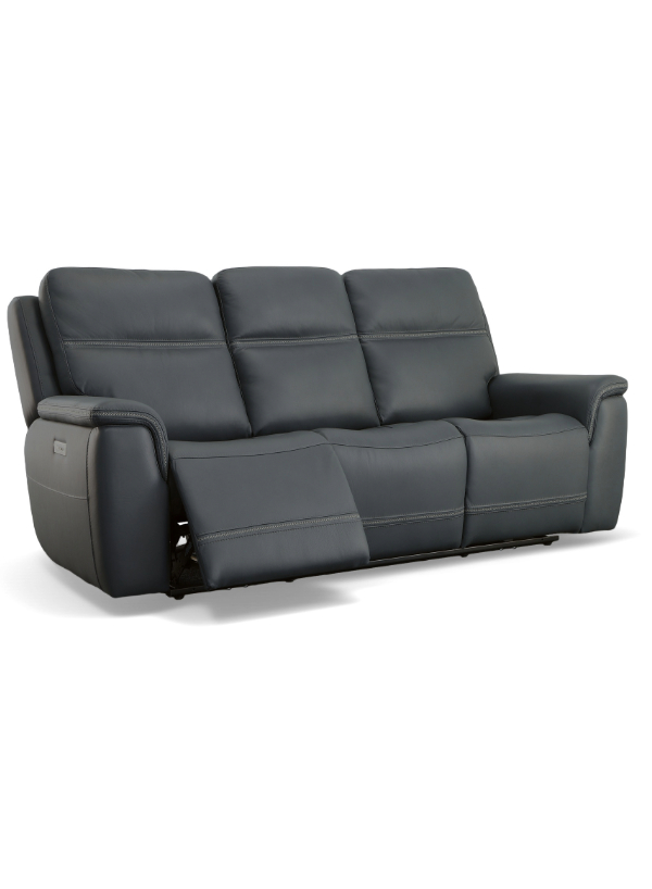 Flexsteel Sawyer Power Reclining Sofa in dark blue leather, featuring power headrests and lumbar support, with contoured seats and cross-stitch detailing