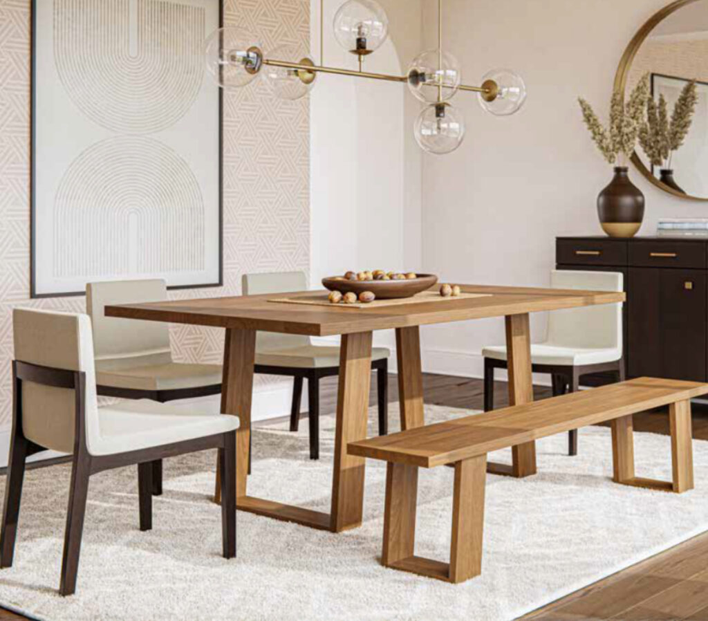 Cordele Dinette set with Amish-crafted trestle table, matching bench, and upholstered chairs in a modern dining room.
