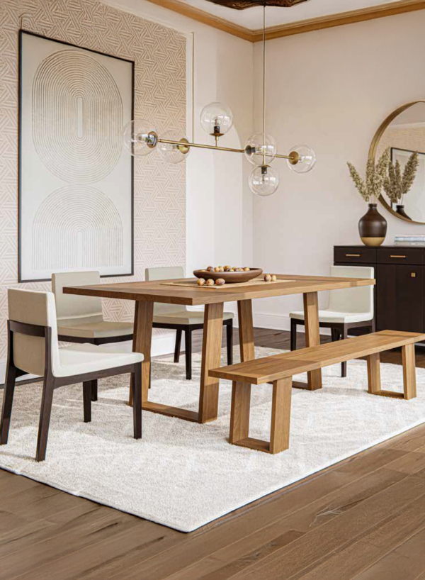 Cordele Dinette set with Amish-crafted trestle table, matching bench, and upholstered chairs in a modern dining room.