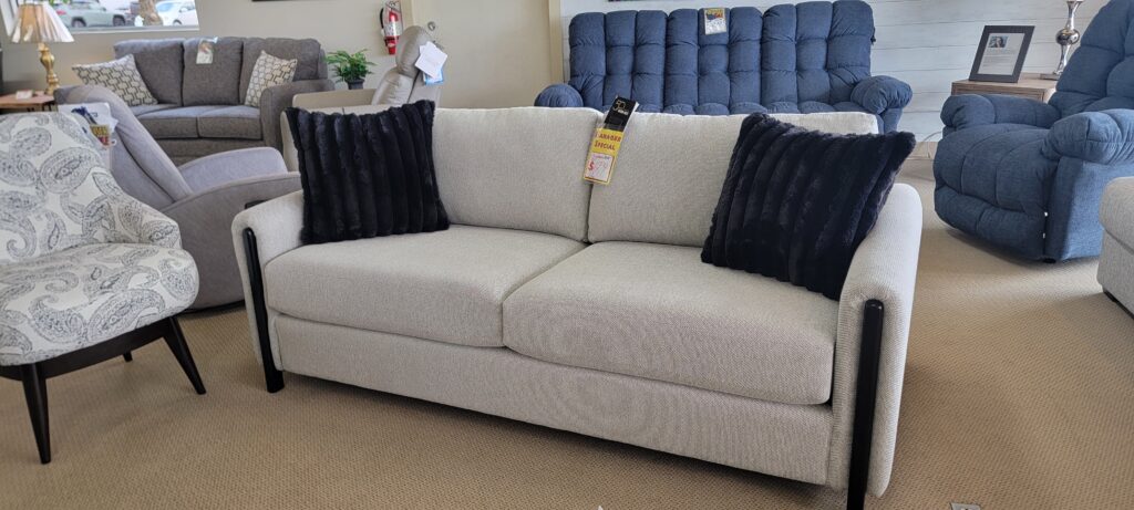 Light gray Decor-Rest sofa with black accent pillows and sleek rounded arms, labeled manager special.