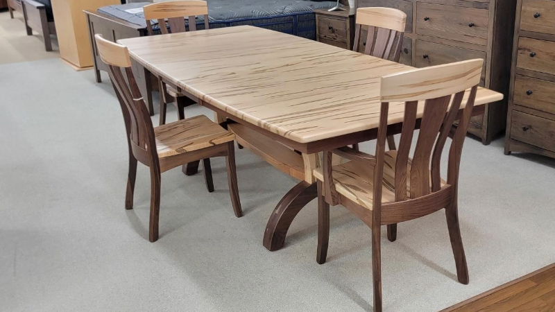 Spalted maple Amish dining set with dark wood legs and chairs – Meyers Furniture Rochelle IL, serving Rockford, Dixon, and DeKalb