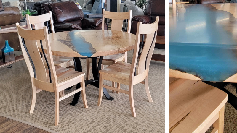 Spalted maple Amish dining set with dark wood legs and chairs – Meyers Furniture Rochelle IL, serving Rockford, Dixon, and DeKalb