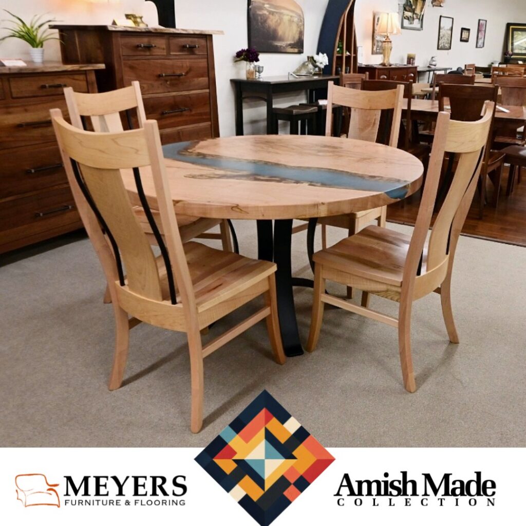 Round Amish dining table with live edge and resin inlay – Meyers Furniture Rochelle