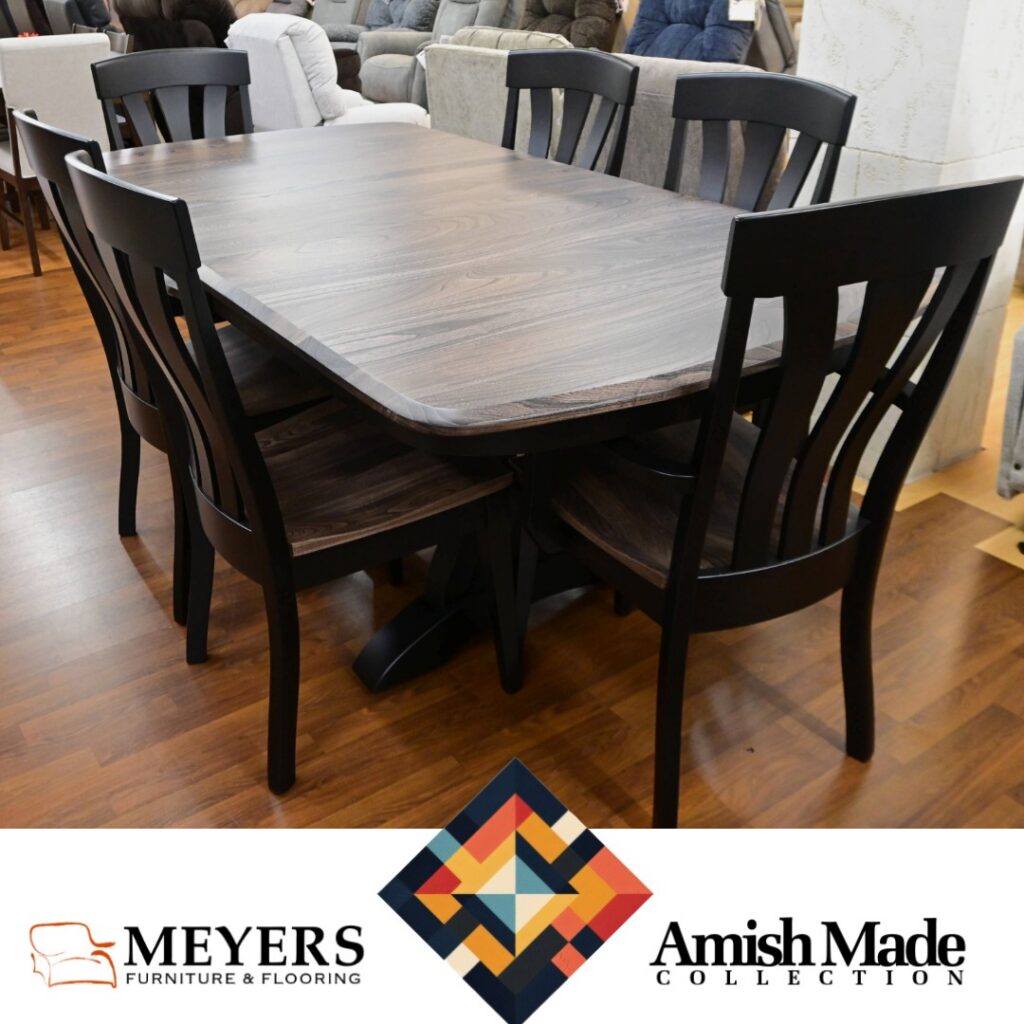 Amish made dark wood dining table with six matching chairs – Meyers Furniture Rochelle