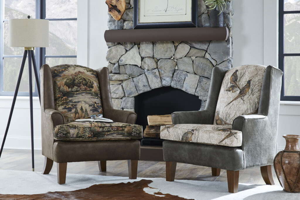 Field & Stream Home accent chair with striped fabric upholstery and wood arms styled in a rustic living room setting at Meyers Furniture