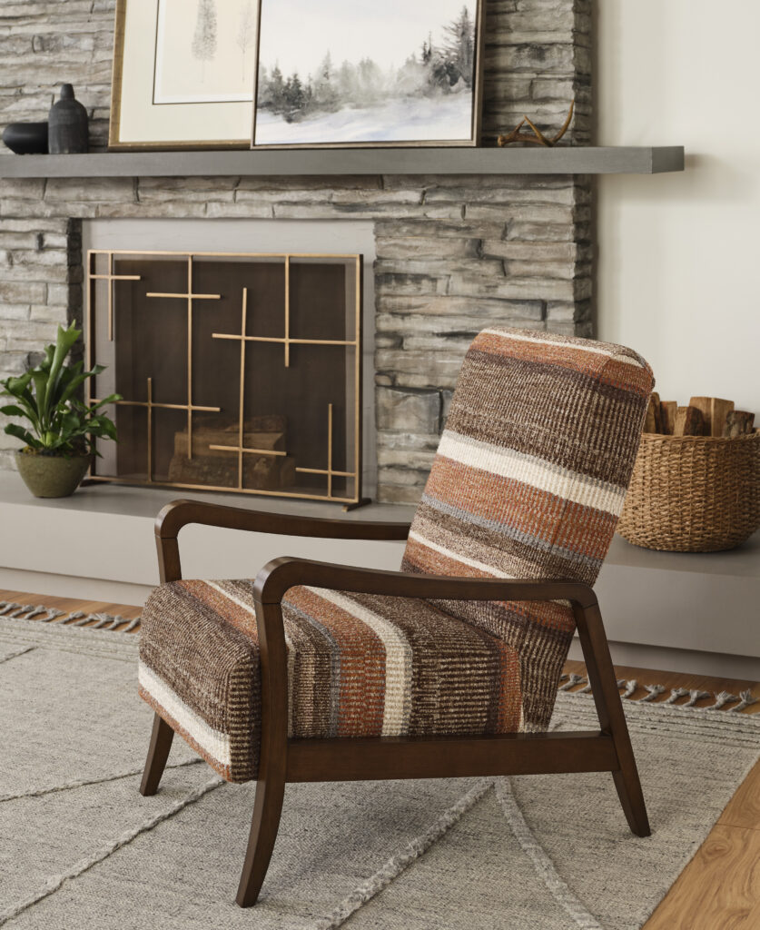 Field & Stream Home accent chair with striped fabric upholstery and wood arms styled in a rustic living room setting at Meyers Furniture