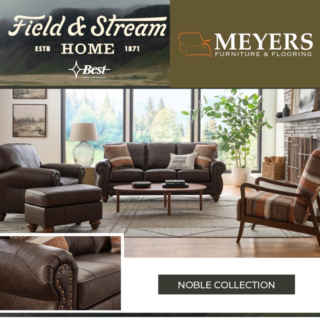 Field & Stream Home Noble Collection leather sofa, chair, and ottoman showcased in a warm lodge-style living room at Meyers Furniture