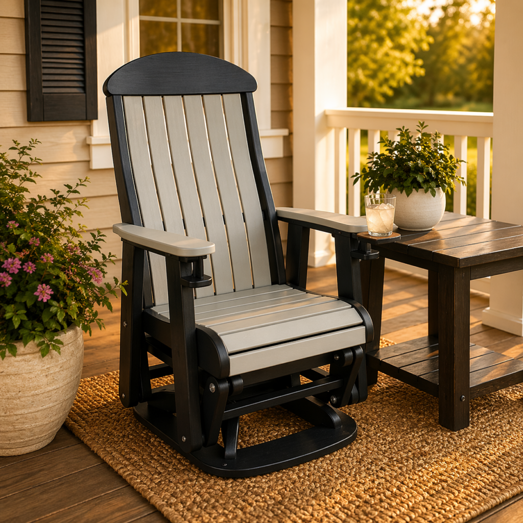 Amish patio glider chair in light grey and black finish on a sunlit front porch