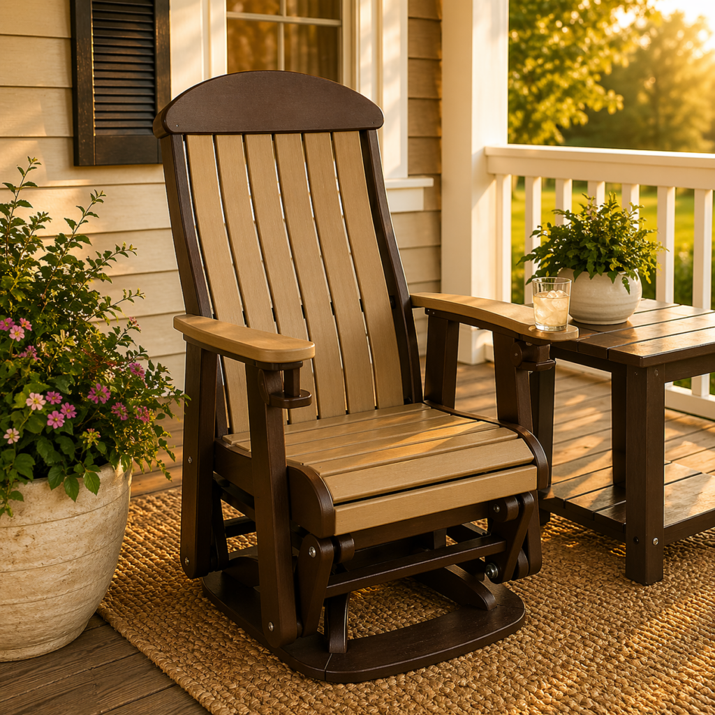 Amish patio glider chair in Weatherwood on Tudor Brown finish on a sunlit front porch