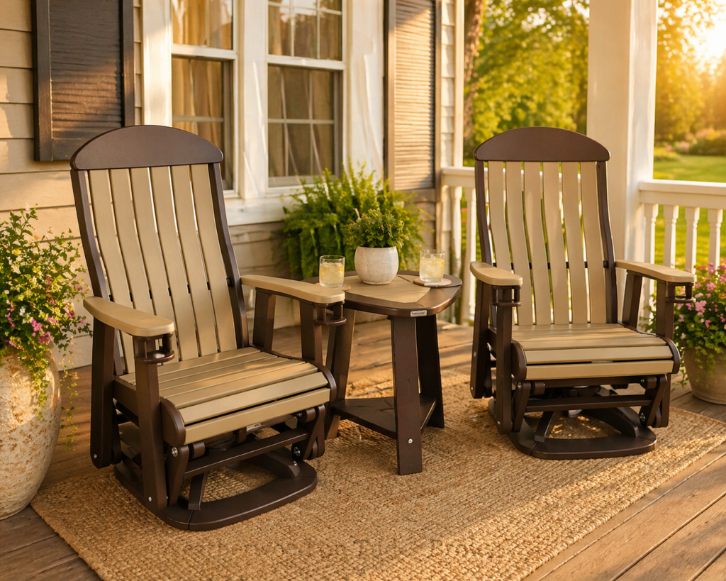 Amish patio glider chairs with side table on a sunlit front porch outdoor seating set