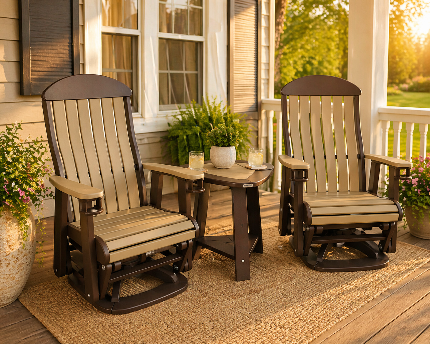 Amish patio glider chairs with side table on a sunlit front porch outdoor seating set