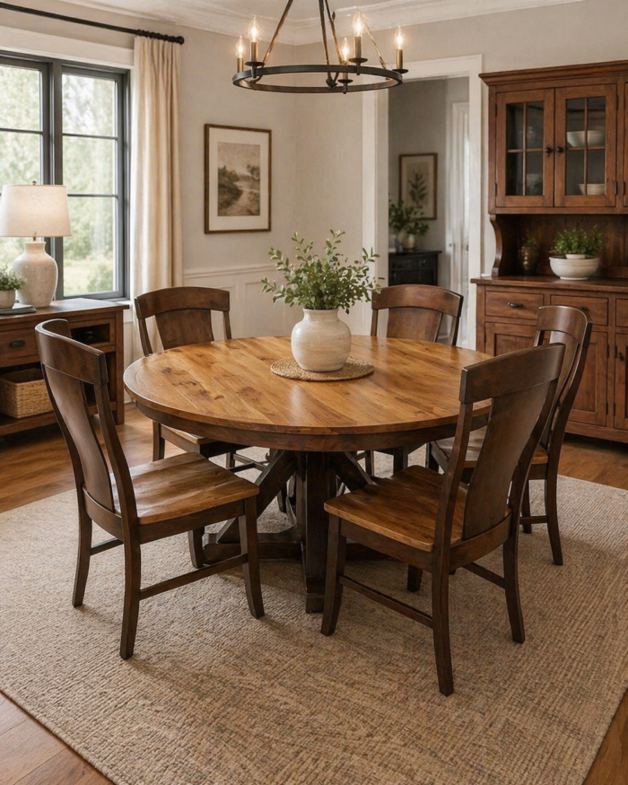 Amish crafted round dining table set with solid wood top and two-tone chairs in a modern farmhouse dining room