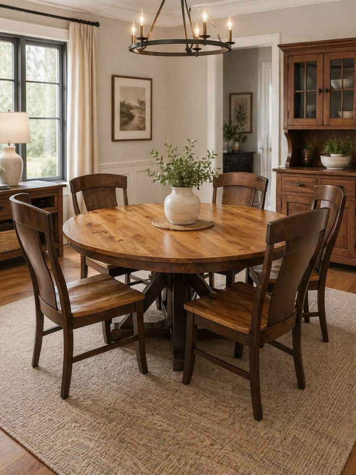 Amish crafted round dining table set with solid wood top and two-tone chairs in a modern farmhouse dining room