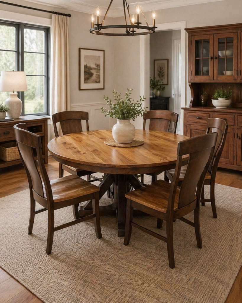 Amish crafted round dining table set with solid wood top and two-tone chairs in a modern farmhouse dining room