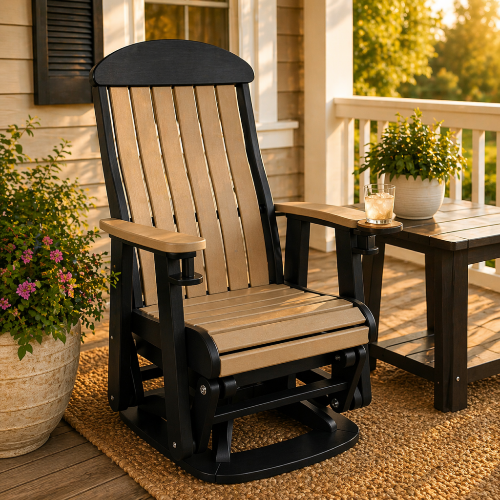 Amish crafted patio glider chair in Weatherwood on Black finish on a sunlit front porch
