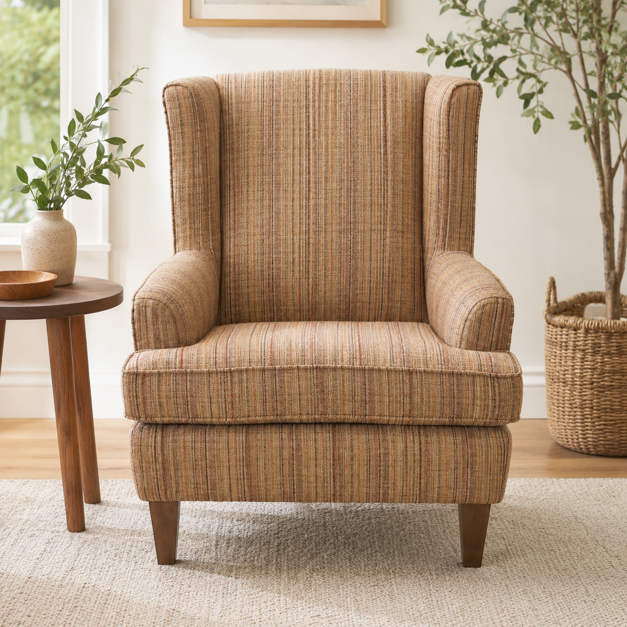 Textured upholstered wingback accent chair with warm striped fabric and wooden legs in a bright modern living room setting.