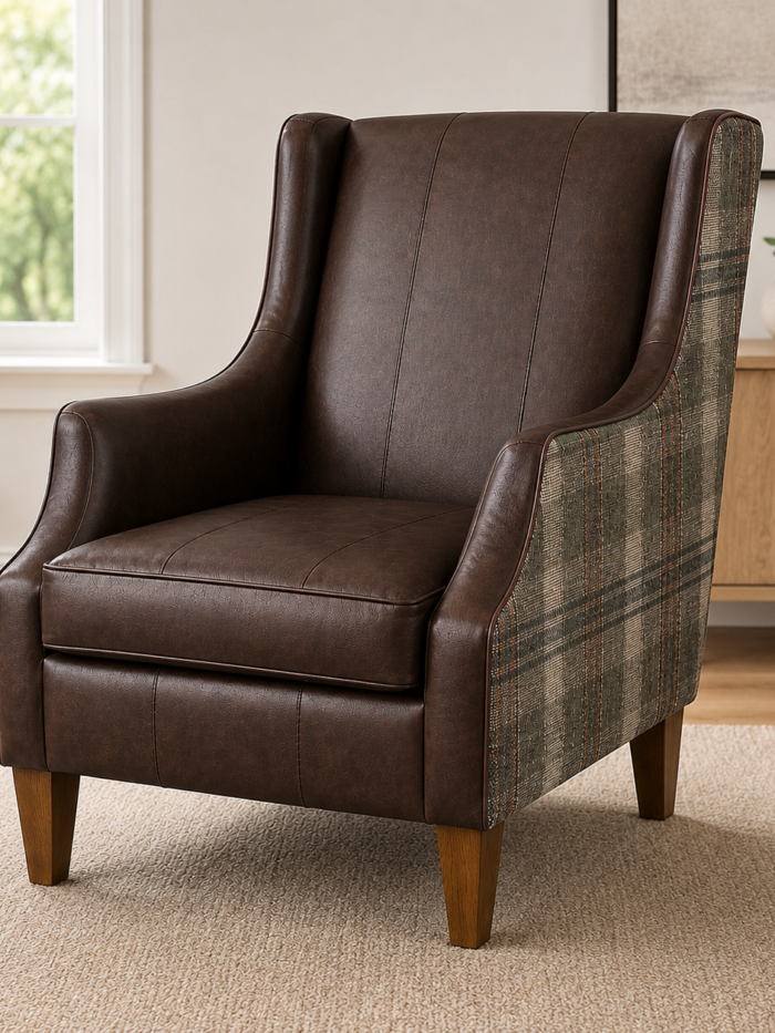 Brown leather wingback accent chair with tapered wood legs in a warm modern living room setting