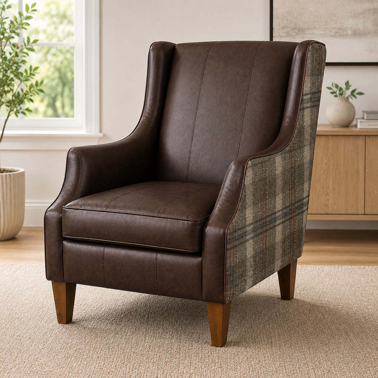 Brown leather wingback accent chair with tapered wood legs in a warm modern living room setting