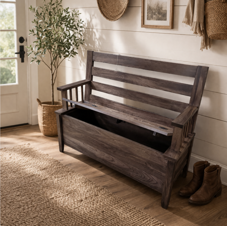 Amish made wood storage bench with lift top in a warm entryway setting