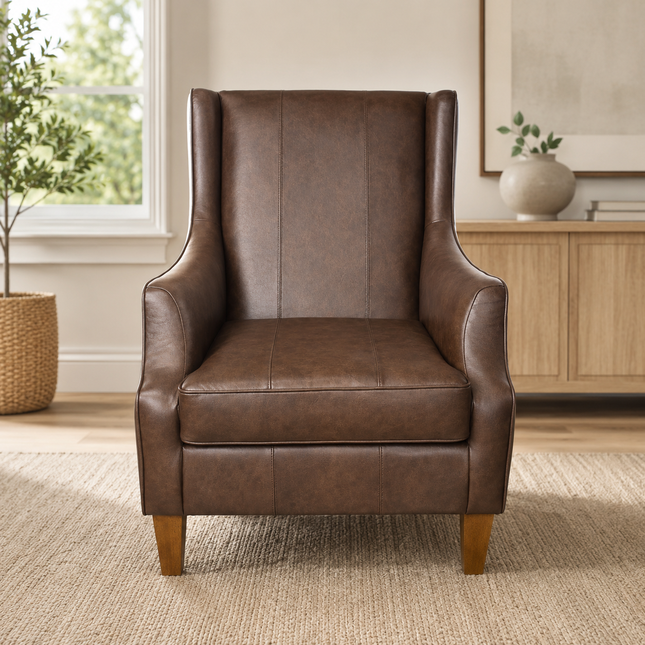 Brown leather wingback accent chair with tapered wood legs in a warm modern living room setting