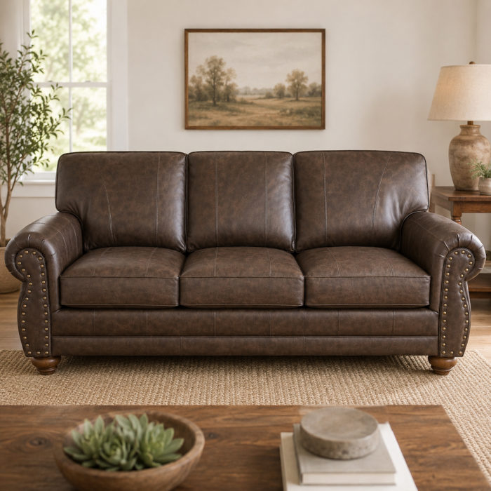 Brown leather sofa with nailhead trim and rolled arms styled in a warm neutral living room