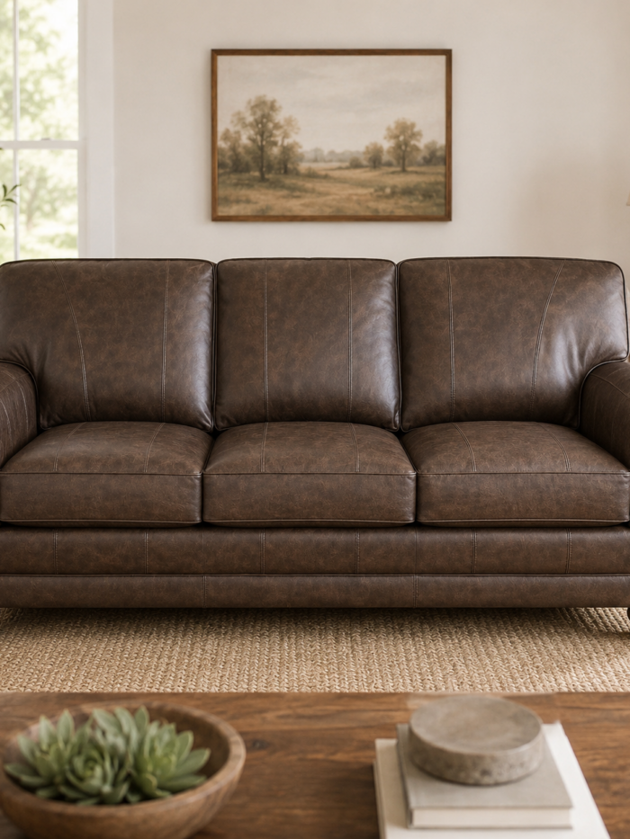 Brown leather sofa with nailhead trim and rolled arms styled in a warm neutral living room