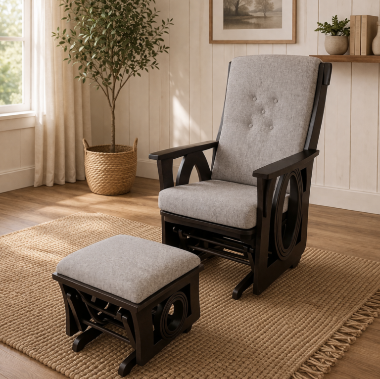 Amish made indoor glider chair with matching ottoman in a cozy room setting