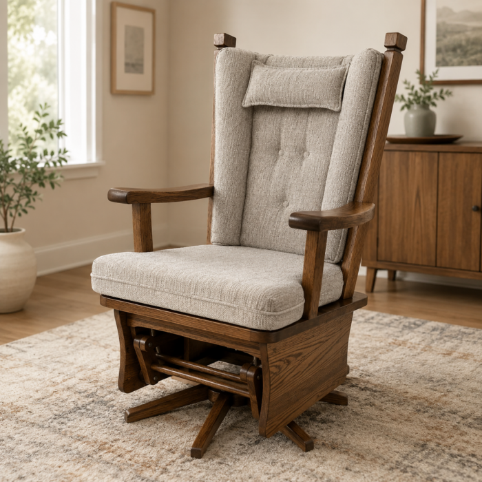 Amish-made swivel glider chair with solid wood frame and light upholstered cushions in a warm modern living room setting