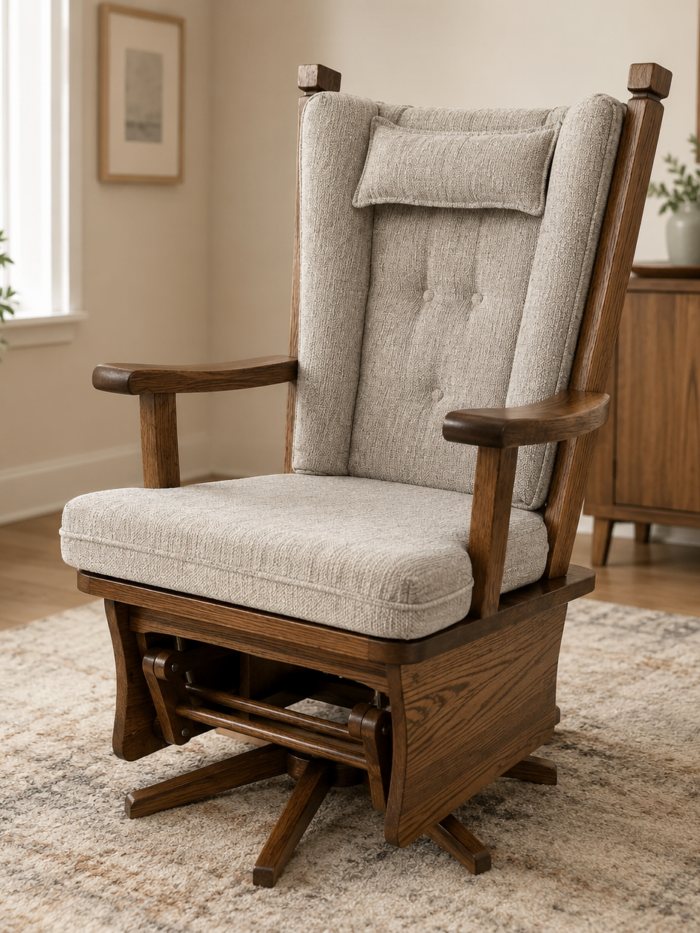 Amish-made swivel glider chair with solid wood frame and light upholstered cushions in a warm modern living room setting