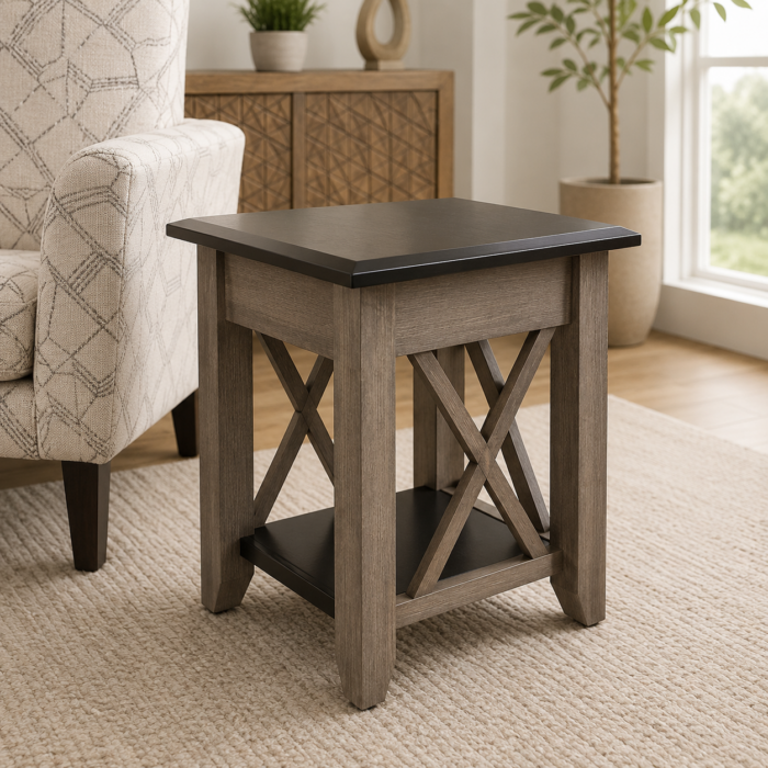 Rustic two-tone end table with X-frame sides and lower shelf