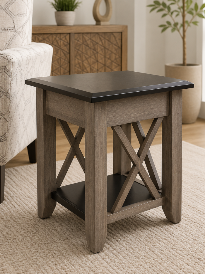 Rustic two-tone end table with X-frame sides and lower shelf