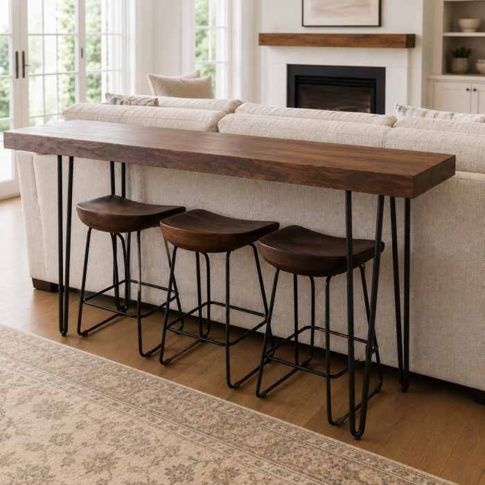 Counter height wood console table with matching stools behind a sectional sofa in a modern living room