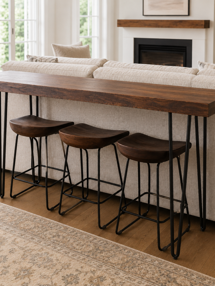 Counter height wood console table with matching stools behind a sectional sofa in a modern living room