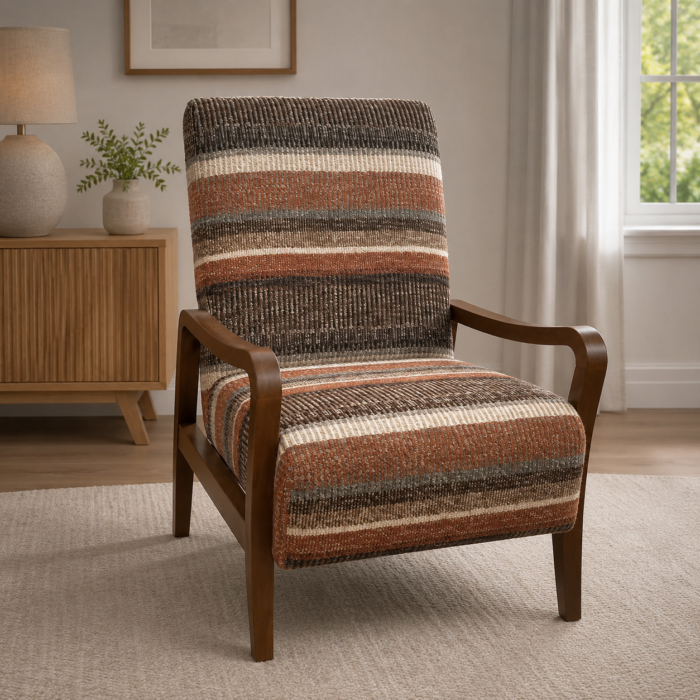 Striped upholstered accent chair with warm wood frame in a modern neutral living room setting