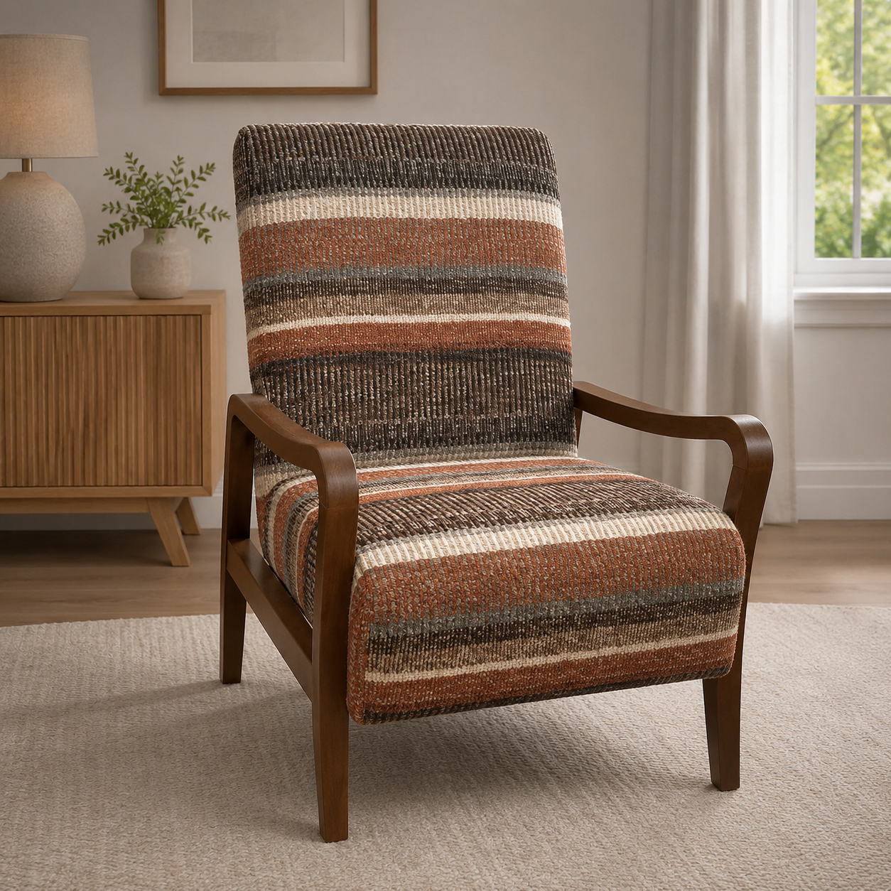 Striped upholstered accent chair with warm wood frame in a modern neutral living room setting