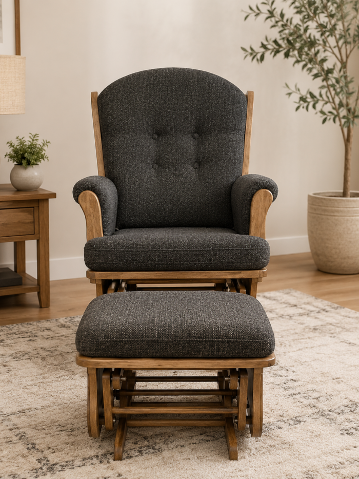 Amish-made dark upholstered swivel glider chair with matching ottoman in a warm modern living room setting