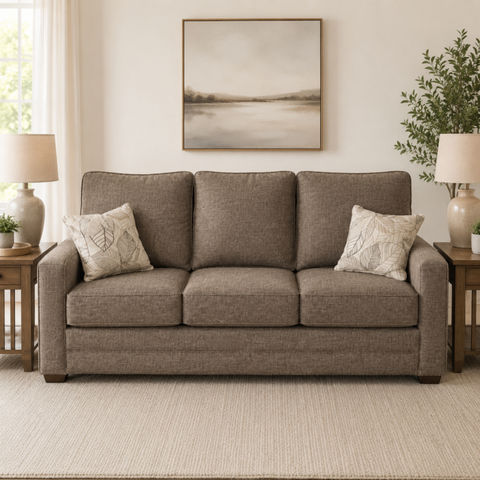 Brown upholstered three-cushion sofa with accent pillows displayed in a bright neutral living room setting.