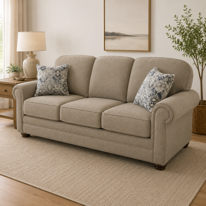 Neutral beige upholstered sofa with rolled arms, plush cushions, and patterned accent pillows in a warm living room setting.