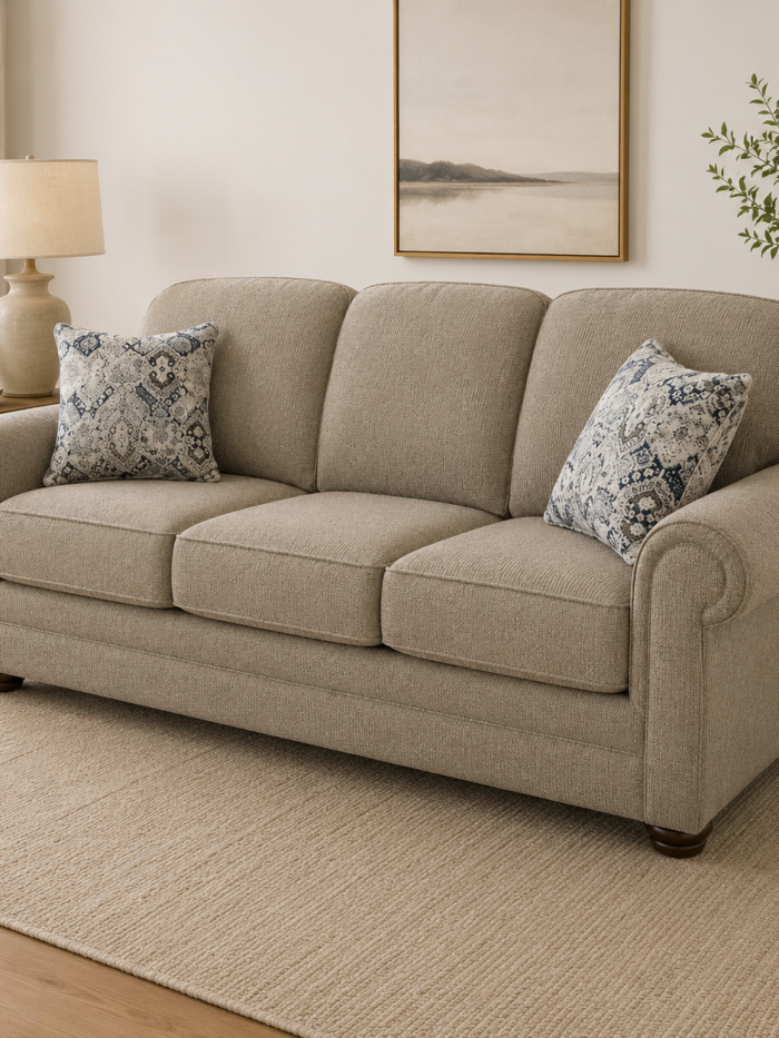 Neutral beige upholstered sofa with rolled arms, plush cushions, and patterned accent pillows in a warm living room setting.