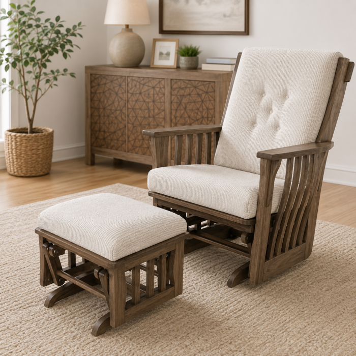 Wood reclining lounge chair with matching ottoman and cream upholstered cushions in a warm neutral living room setting
