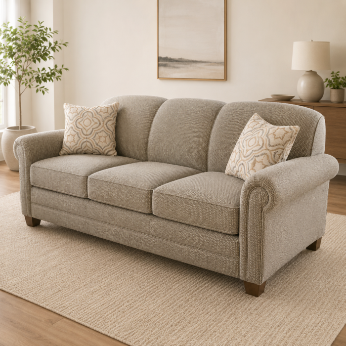Neutral fabric sofa with rolled arms, three seat cushions, and decorative accent pillows in a bright living room setting.